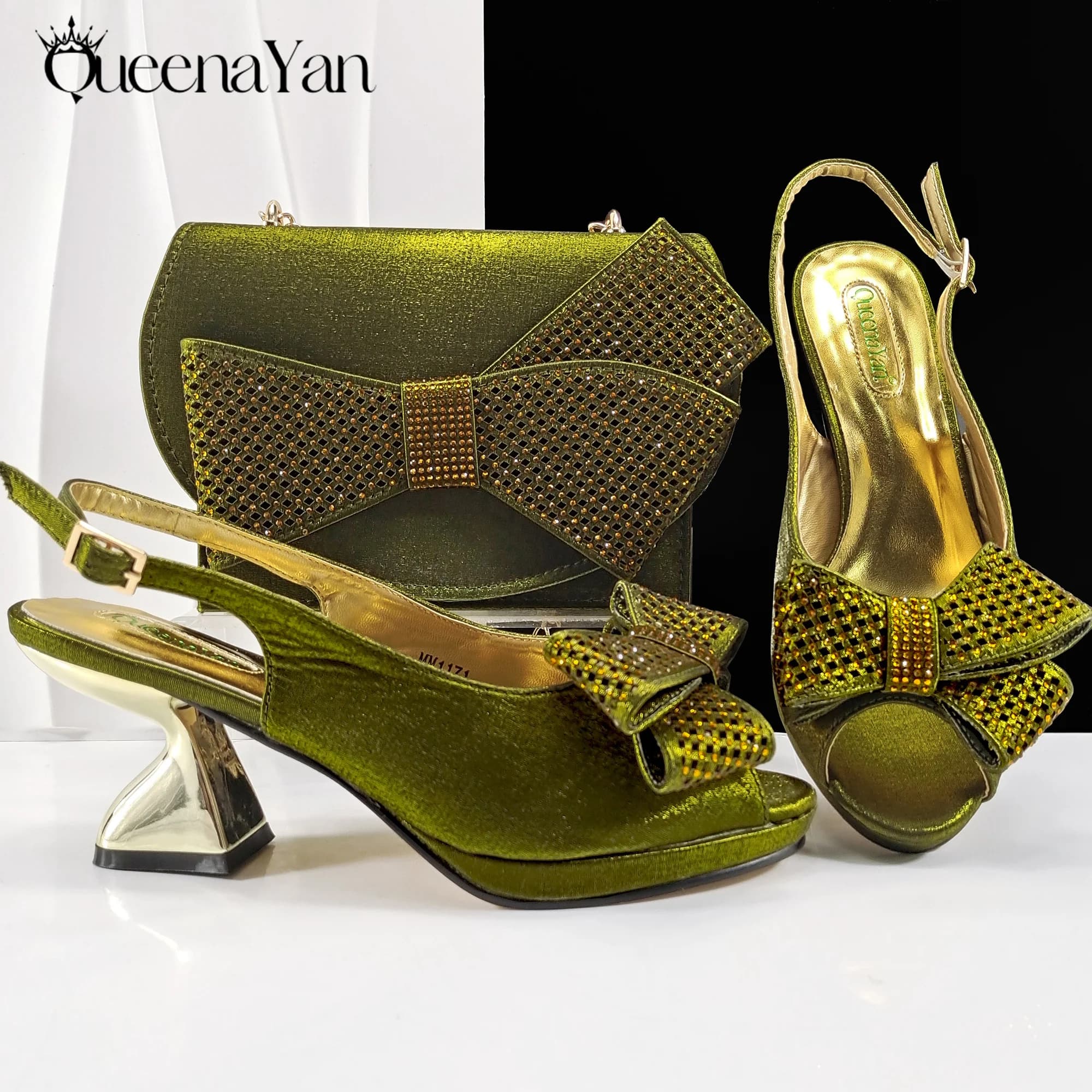 2025 New Rhinestone Design African Shoes & Bag Set in Olive Open Toe Comfortable Women's High Heels Hot Sale on Instagram