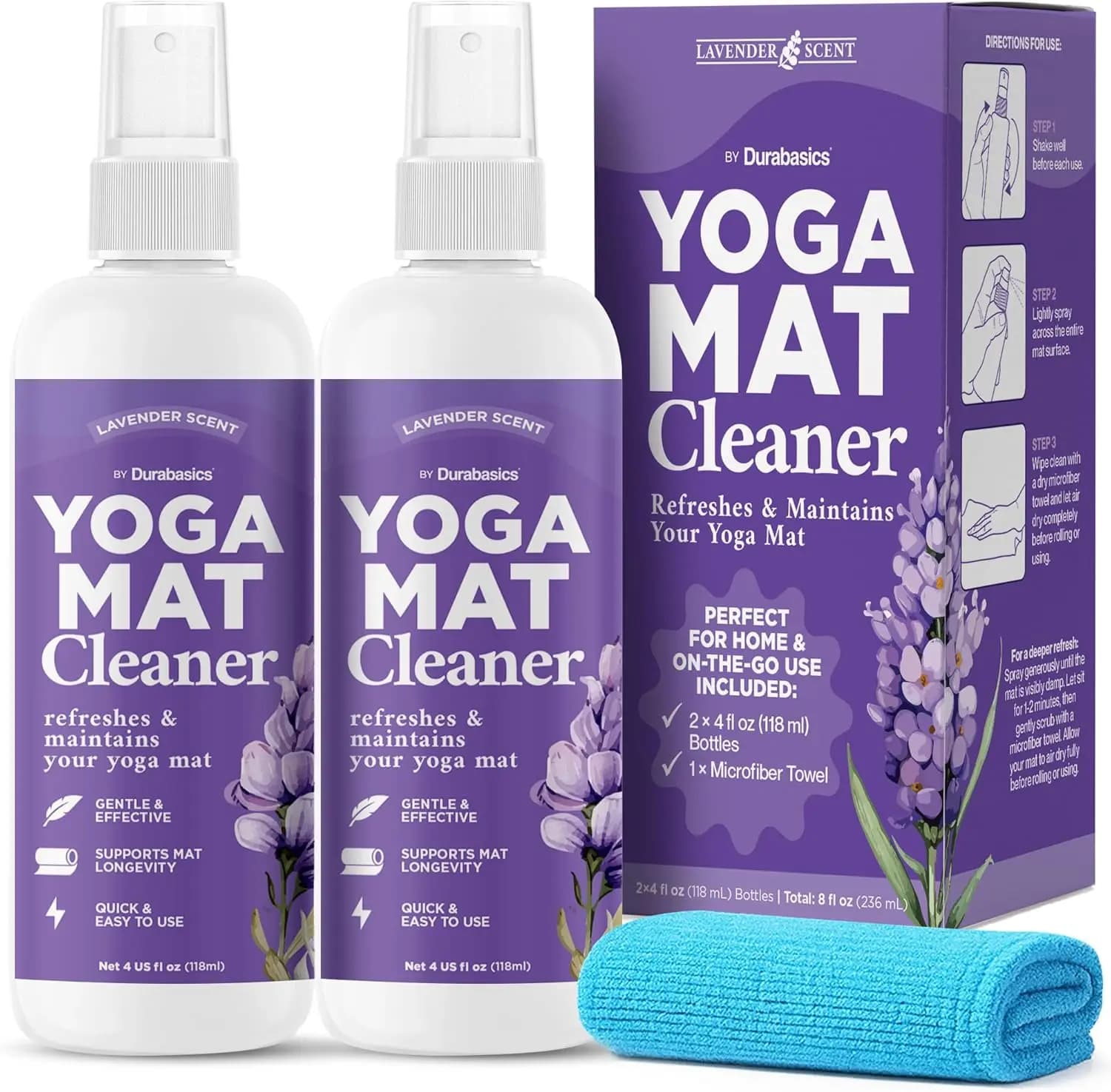 Spray detergente per tappetini yoga – Profumo di lavanda, confezione da 2 (4 oz ciascuno) con panno in microfibra – Asciugatura rapida, formula senza risciacquo per sudore e odori