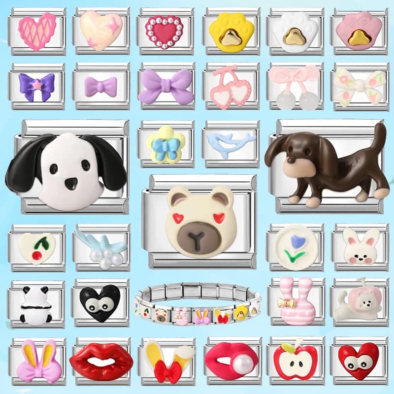 Wholesale Cute Black White Dogs Capybara Dachshund Italian Charm Links Fit 9mm Stainless Steel Bracelet DIY Making Jewelry Gifts