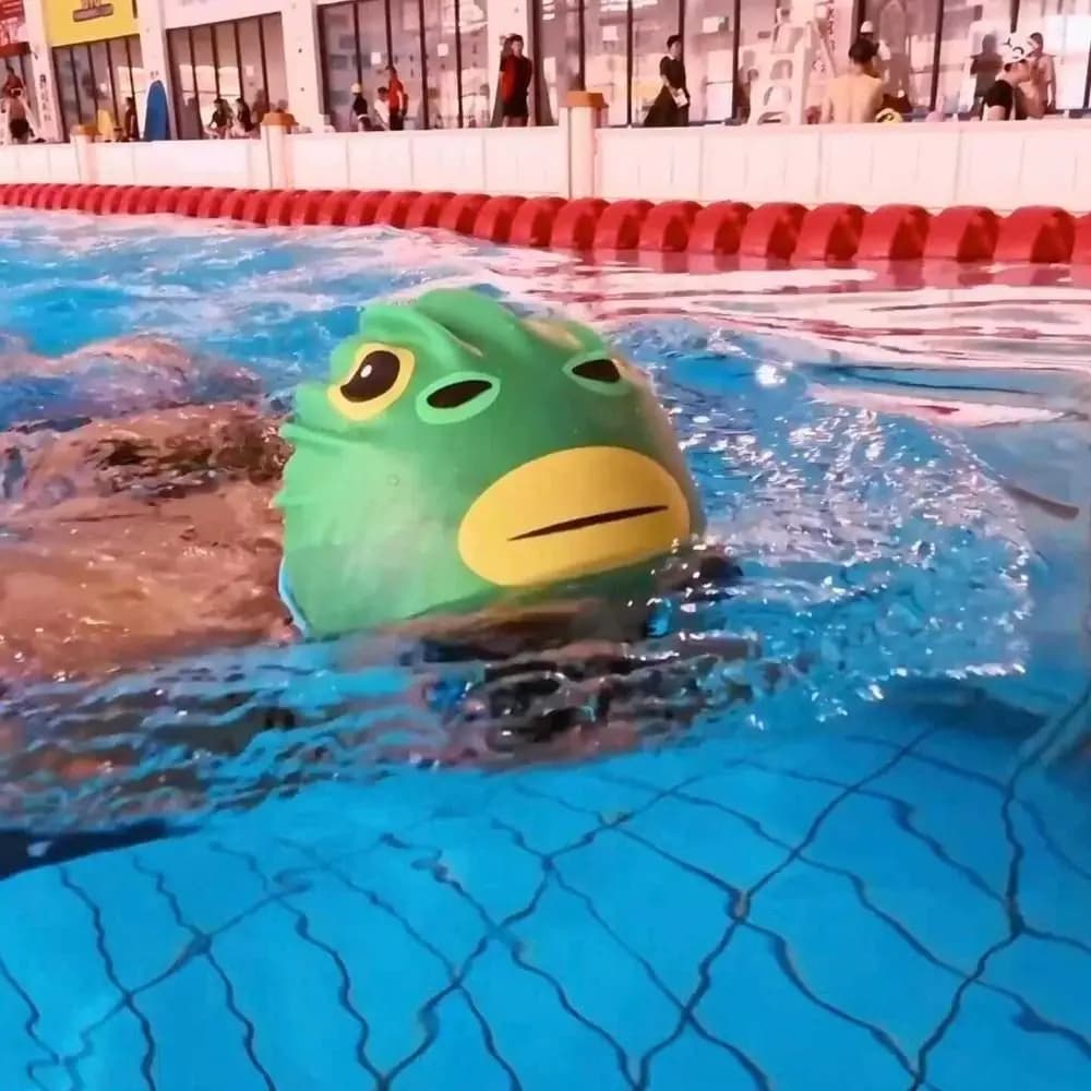 Funny Green-Head Swimming Caps High Stretch Waterproof Silicone Swim Caps Super Elastic Comfortable Fish Swim Hat Water Sports