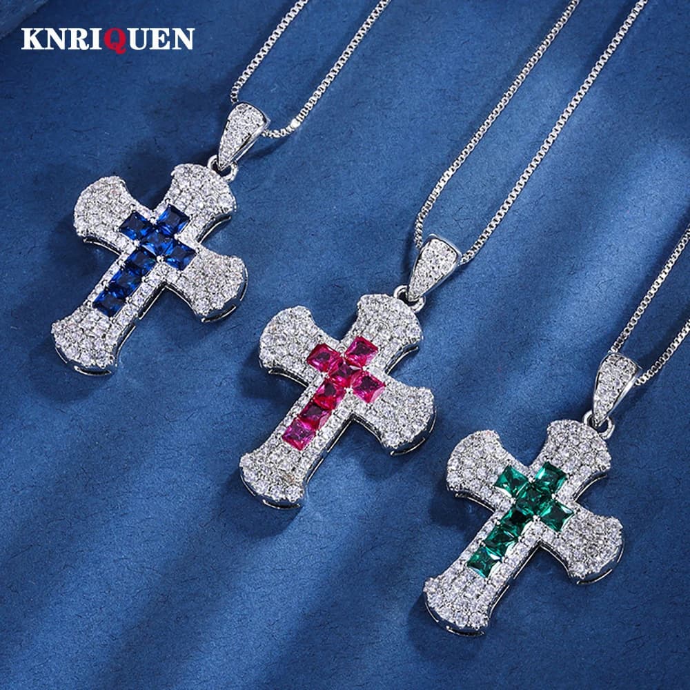 2023 collane con ciondolo croce zaffiro rubino smeraldo di lusso per le donne pietre preziose Lab Diamond Cocktail Party Fine Jewelry Lady Gift