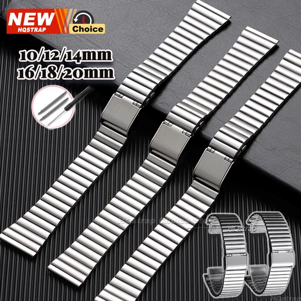New Stainless Steel Strap 10mm 12mm 14mm 16mm 18mm 20mm Thin Strap Metal Strap for Women Thin Bracelets Men's Belt Silver