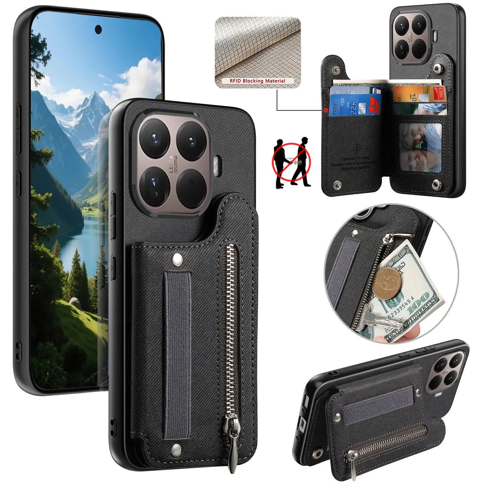 RFID Wrist Strap Zipper Wallet Leather with Card Holder Phone Case for Xiaomi 17T 17TPro 15T 15TPro Shockproof protective Cover