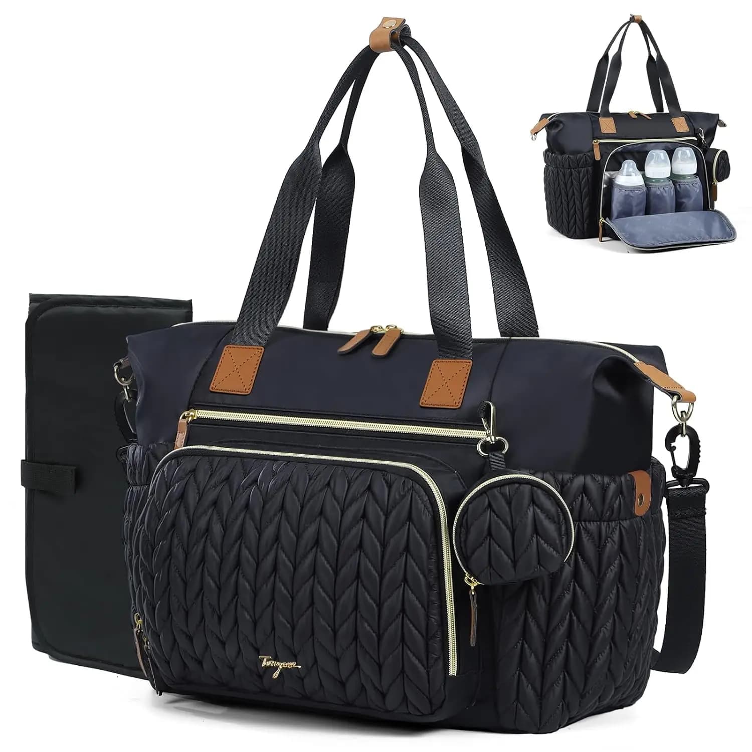 Borsa per pannolini grande impermeabile con fasciatoio, tasche multiple per gli elementi essenziali del bambino, nera