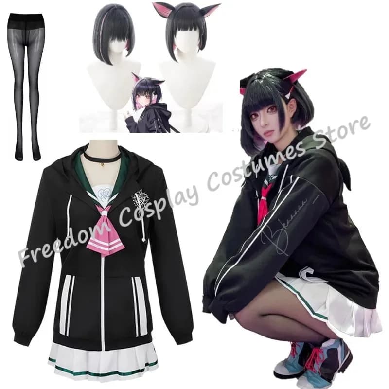 Blu Archivio Kyoyama Kazusa Costume Cosplay Donna Ragazza Felpa con cappuccio nera Abiti da marinaio Gonna Parrucca Abito di carnevale di Halloween