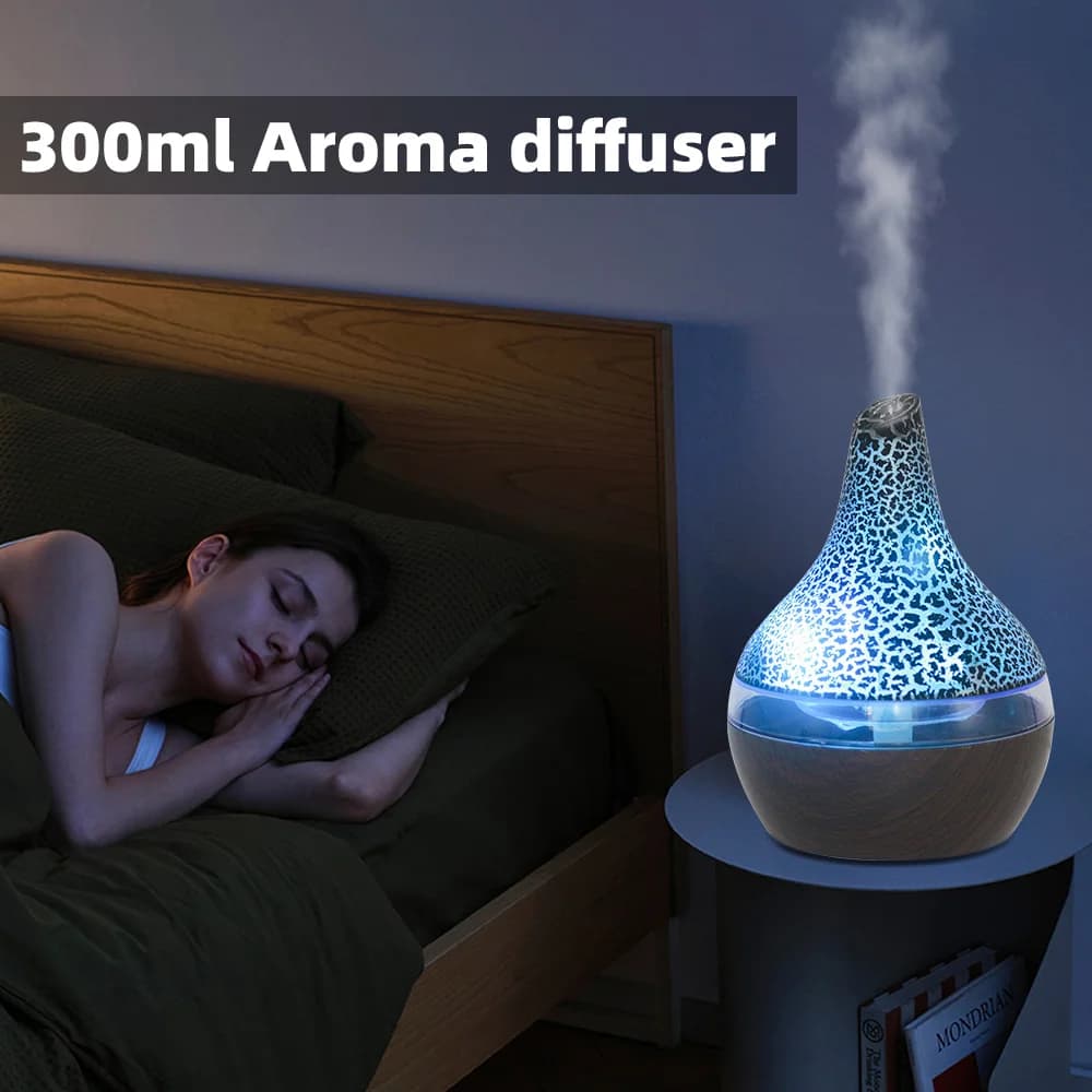 Diffusore di aromaterapia ad ultrasuoni da 300 ml, umidificatore USB con telecomando, 7 colori e 2 oli