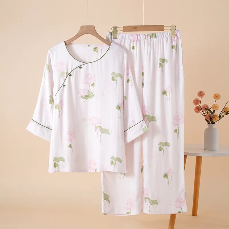 2025 Chinese Ethnic Style Bamboo Cotton Pajamas Women's Partial Placket Thin Nine-quarter Sleeve Loungewear Two-piece Set