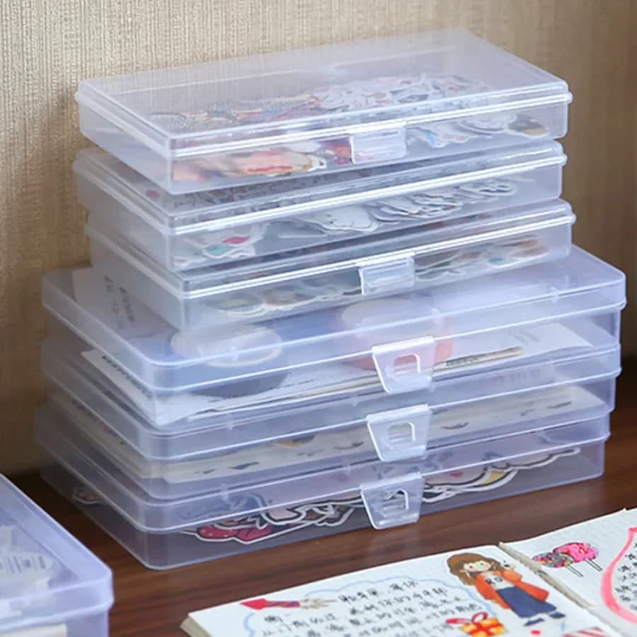 Transparent Plastic Storage Box Organizer Stickers Box Table Container Tape Stickers Box Washers Art Tool Box