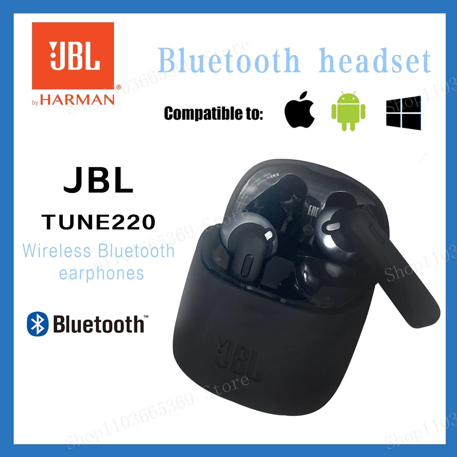 Bluetooth headphones True Wireless JBL TUNE 220 TWS Original, Stereo headphones with Low Power and Microphone