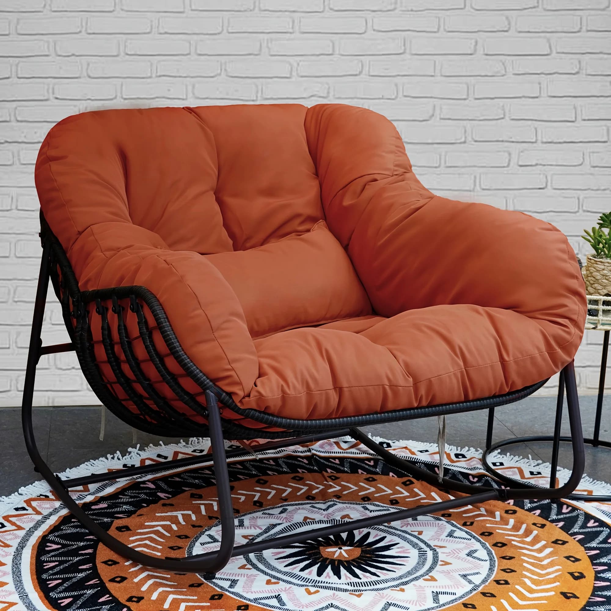Sedia a dondolo Papasan da esterno, Papasan in vimini con cuscino e guanciale, Grande sedia a dondolo a forma di uovo Papasan per giardino e patio