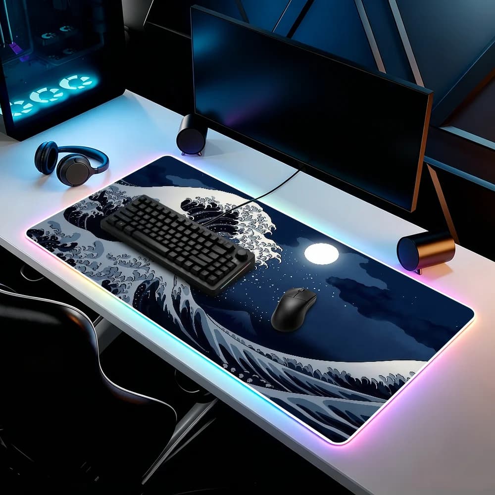 Art The Great Wave Off Kanagawa H-Hokusai Mouse Pad RGB Led Gaming Camera da letto Scrivania per ufficio Tappetino antiscivolo Impermeabile Grande