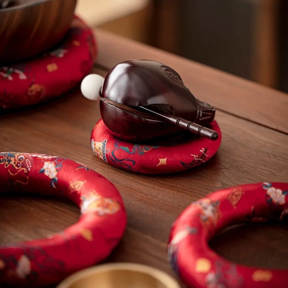 Nepalese Singing Bowl Mat Brocade Donut Shape Sound Copper Out Mat Non Slip Traditional Wooden Fish Coaster Yoga