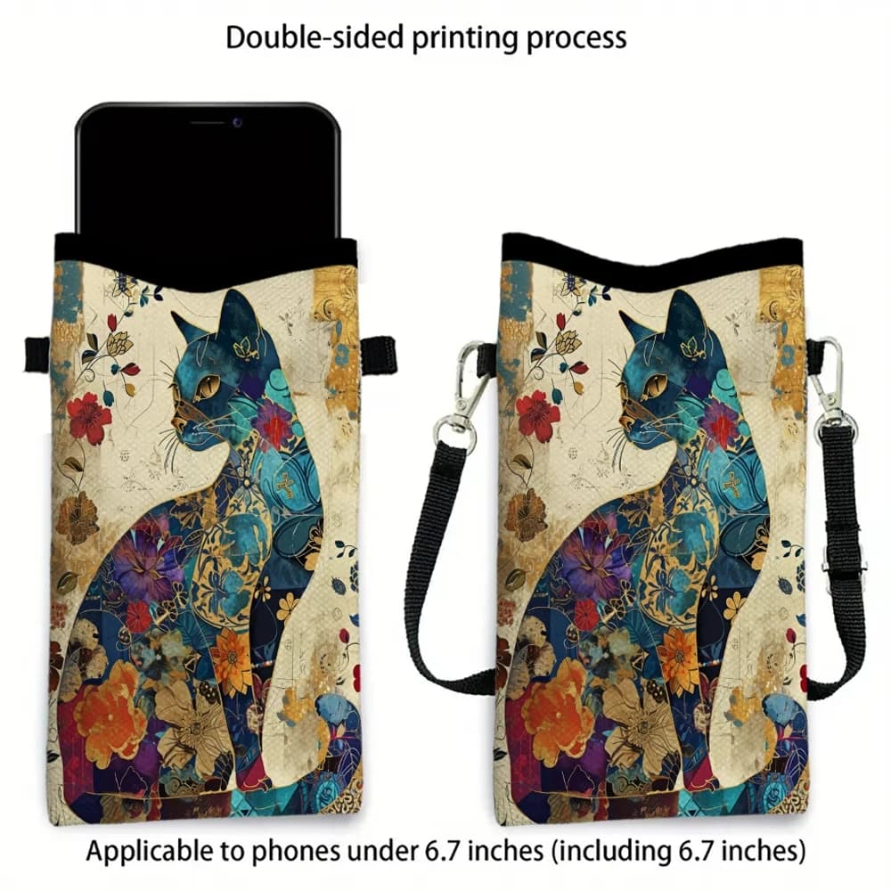Borsa a Tracolla con Motivo Floreale e Gatto, Portafoglio per Telefono Stampato con Tracolla Regolabile, Design Unisex per Uso Quotidiano