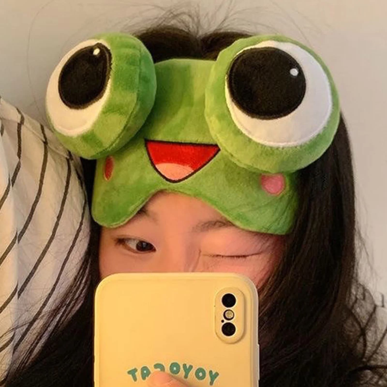 Triste Green Rack Shape Sleeping Mask with Large Eyes, In Short Plush, Covers Eyes Funny Carton