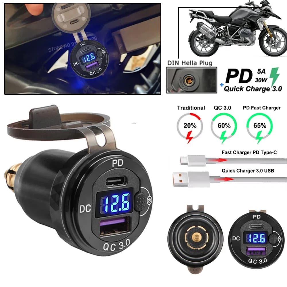 Type-C LED Power Adapter For BMW S1000XR 30W PD QC3.0 12V Moto USB socket Charger For R1200GS F900 R/XR R1200RT For Ducati