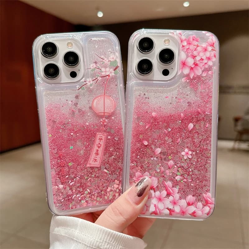Custodia con sabbie mobili glitterate fiore di pesco per iPhone 16 15 14 13 Pro Max 16PRO Custodia protettiva morbida per cellulare con liquido dinamico