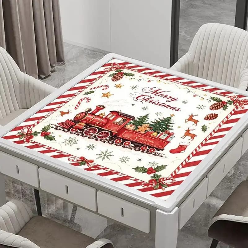 VIKAMA Christmas Mahjong Mat Red Stripe Border Train Xmas Tree Gingerbread Print Non Slip For Living Room Game Night Decor