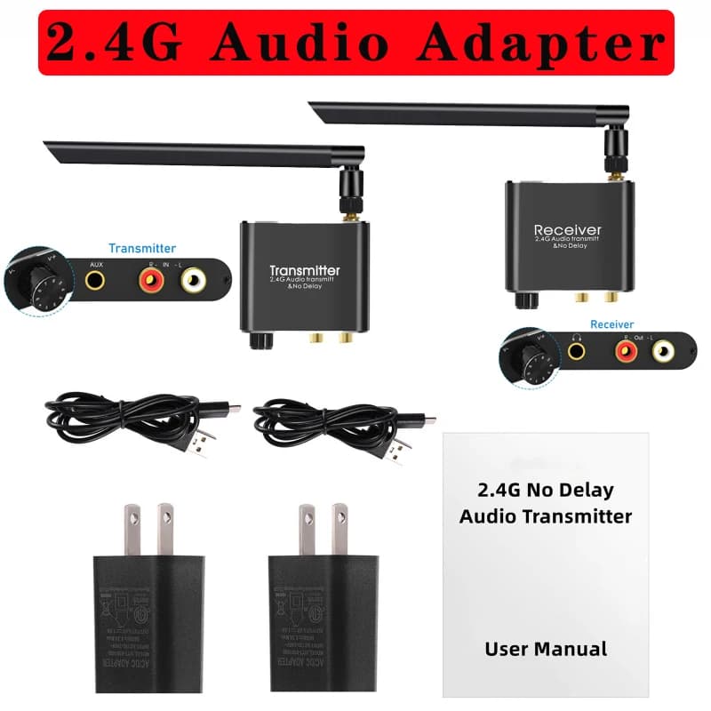 Trasmettitore e ricevitore Audio adattatore digitale Wireless 50M 2.4G con convertitore r/l RCA da 3.5mm nessun ritardo per TV Box DVD PC Extender