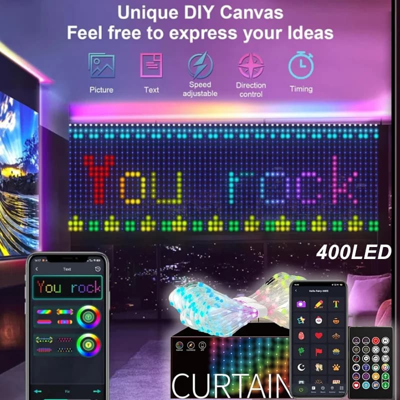 400LED RGBIC Smart Curtain Lights Bluetooth App Control String DIY Light Waterproof USB Plug Light Pattern Text Model Party Room Decorations