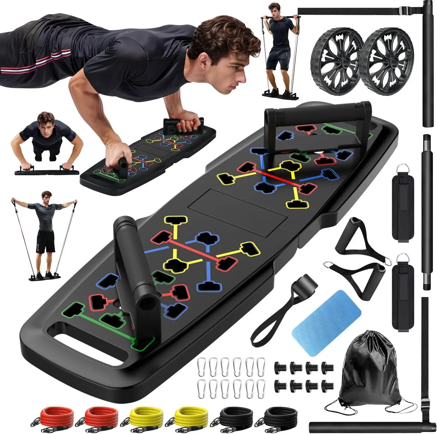 Portable Gym for Home with Folding Table, Pilates Bar, Resistance Bands and Wheels for Body Complete Training