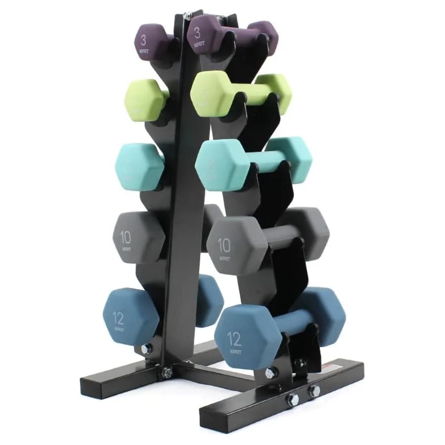 Set di manubri in neoprene XPRT con supporto - 5 paia di pesi per palestra domestica in diversi colori, rivestimento in neoprene resistente, stoccaggio compatto