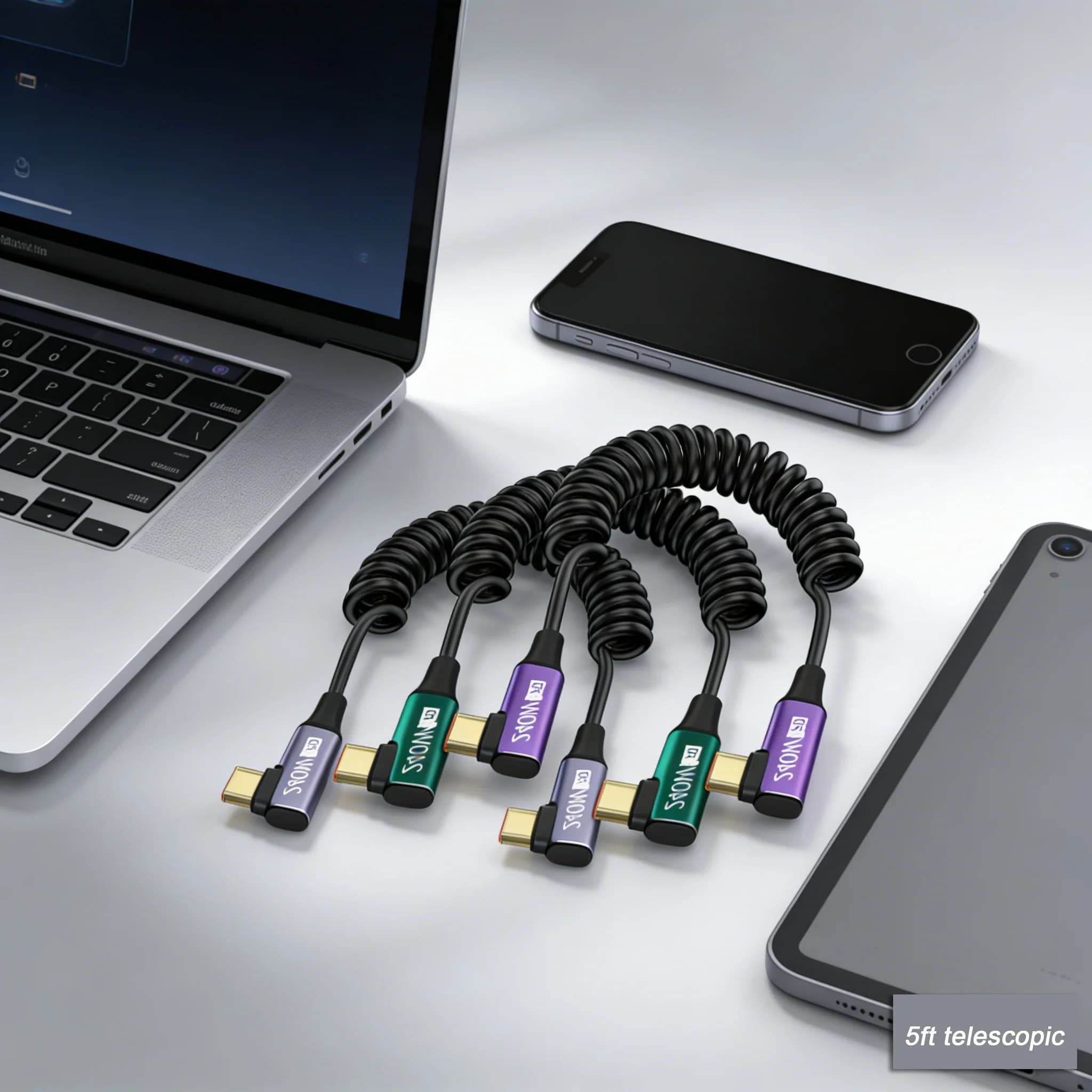 Cavo USB-C a USB-C a spirale con ricarica rapida PD240W, design retrattile, senza grovigli, cavo portatile per trasferimento dati