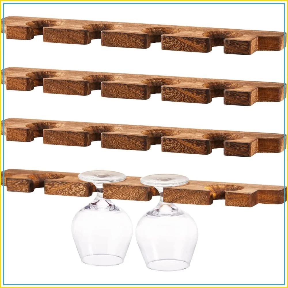 4 Pcs Wall Mounted Wood Stemware Rack Champagne Holder Rustic Wine Glass Hanging Shelf Floating Glassware Holder for Party Kitchen Bar Organizer 17x3x0.8 Inch