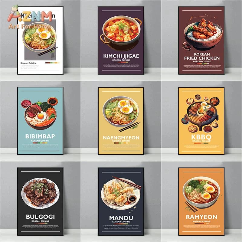 AZNM Frameless Canvas Poster Korean Food Print, Bibimbap Ramyeon Kimchi Stew BBQ Illustration Wall Art Picture for Restaurant Ki