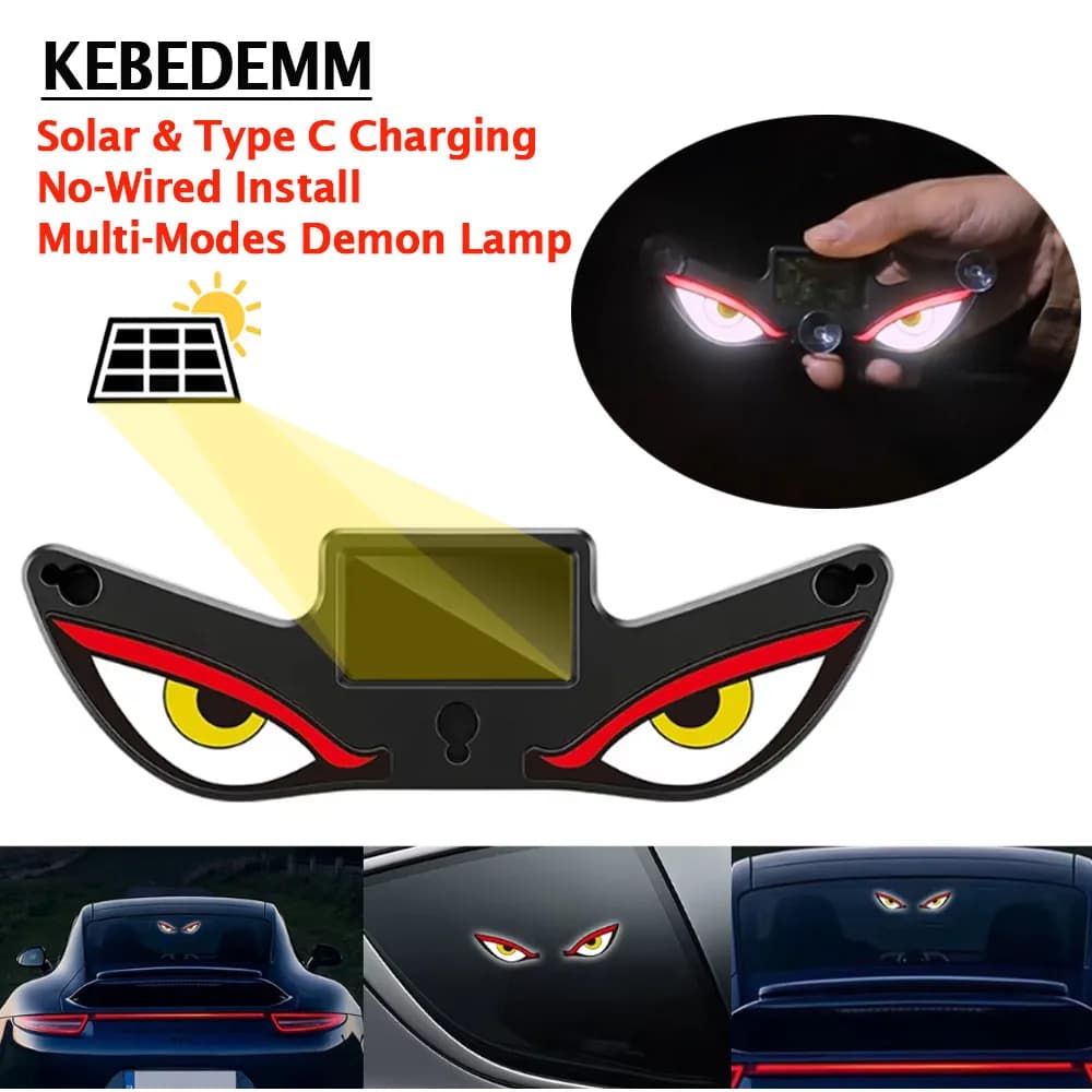 Lampada a energia solare con occhi di demone per finestrino auto, luce lampeggiante con occhi del diavolo, ricarica USB-C, luce di avvertimento con ventosa per lunotto posteriore