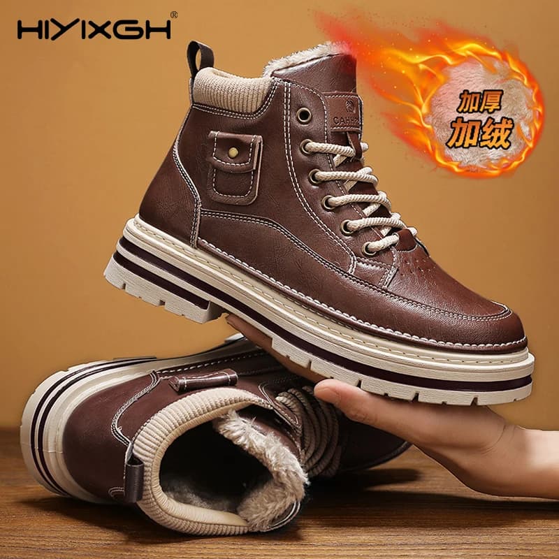 Fur Warm Mens Boots Snow Leather Casual Shoes Ankle Winter Cowboy Combat Motorcycle Chelsea Outdoor Hiking Designer Luxury