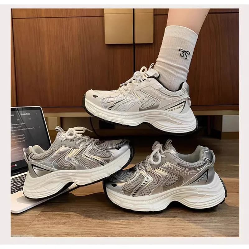 Sneakers da Donna Primavera 2026, Stile Dad, Traspiranti in Mesh, con Plateau, Casual, Allacciate, Versatili, Stile Coreano, Streetwear, di Tendenza