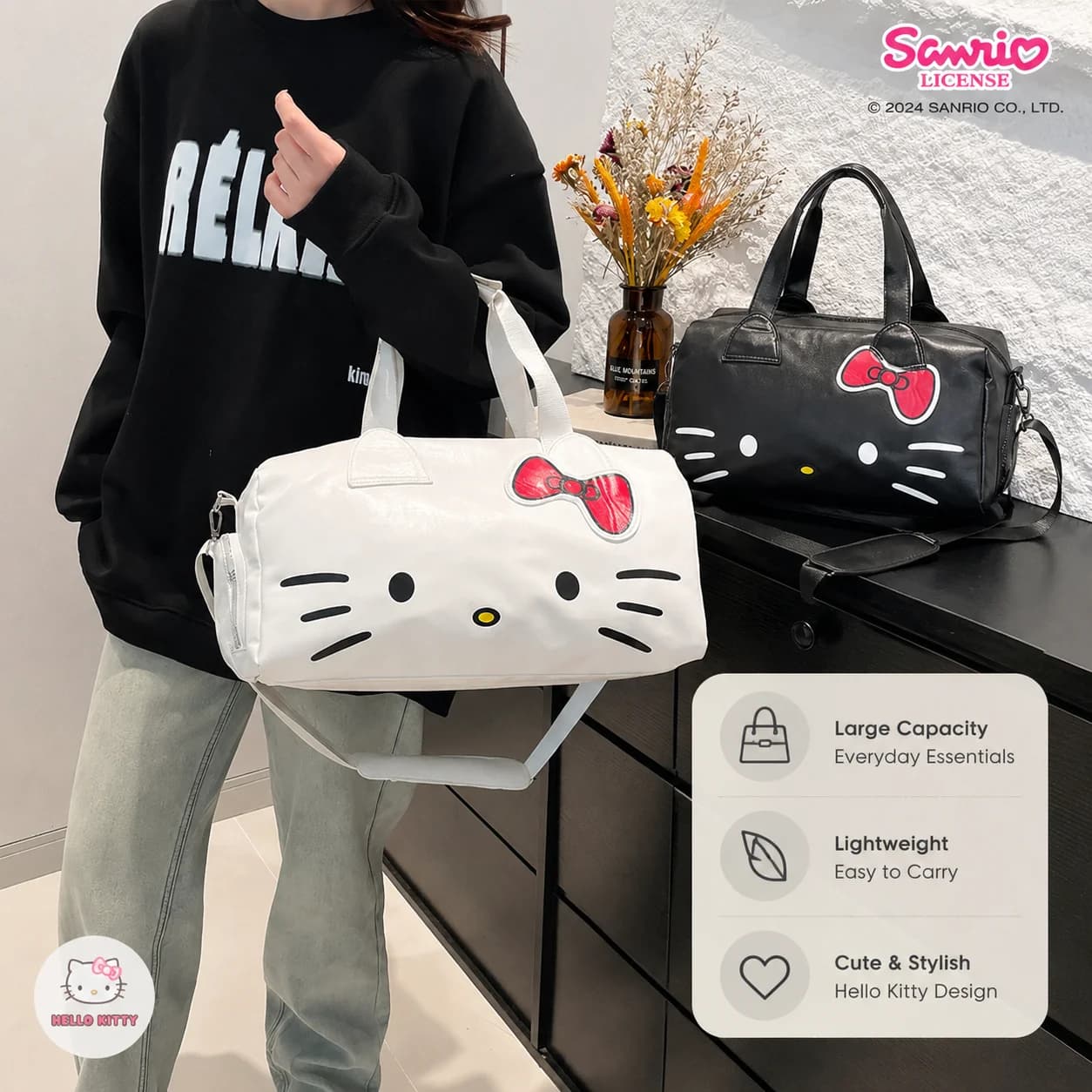 Sanrio Hello Kitty Travel Duffel Bag Large Capacity Sports Gym Bag Women's Crossbody Handbag Overnight Weekend Bag