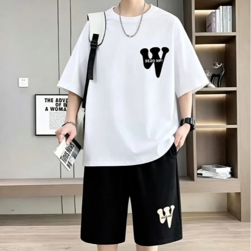 Completo Estivo da Uomo Casual, Stile Harajuku, Sportivo, Moda Streetwear, T-shirt e Pantaloncini in Cotone, Set 2 Pezzi 2026