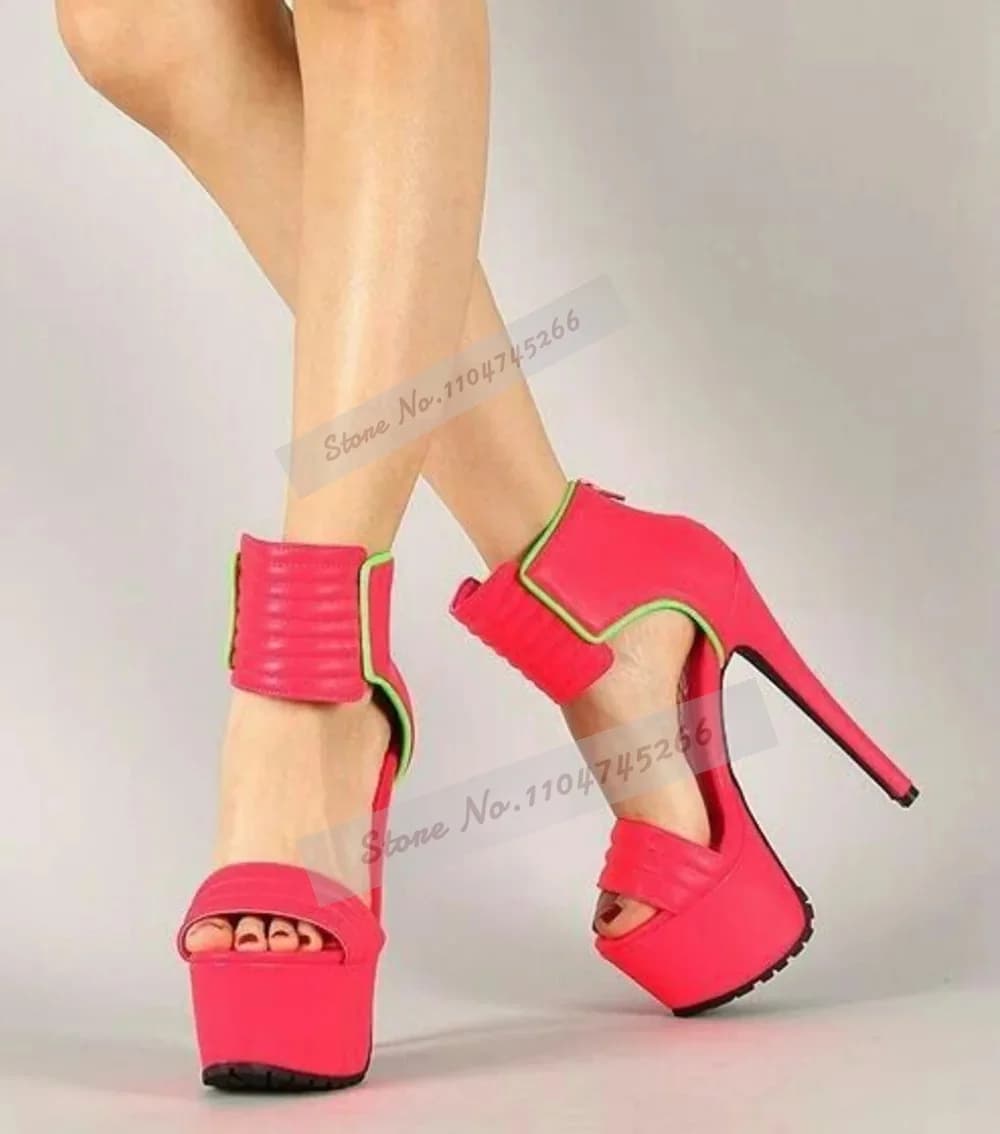 High Striped Heel Sandals Red Pink Opaque Leather Sandals with Wide-band Platform Zippered Elegant Shoes with Open Tip Gladiator Banquet Décolleté