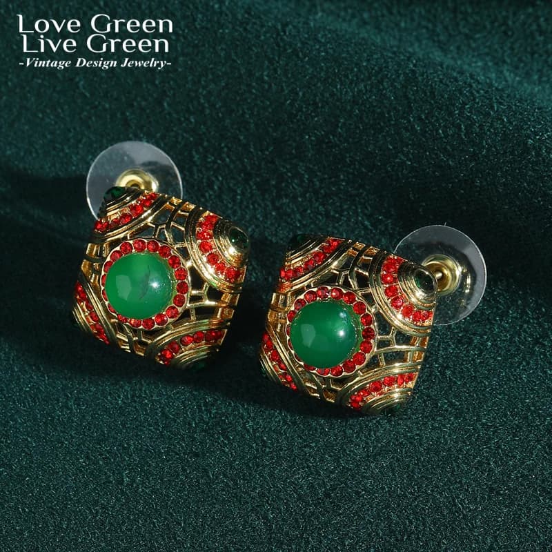 Orecchini a bottone quadrati di lusso in vetro verde vintage per accessori donna Designer di gioielli in smalto cavo Matrimonio Natale 2025 Nuovo