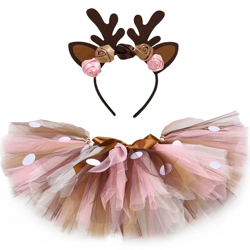 Deer Tutu Skirt Fluffy Birthday Party Tutu Dance Tulle Skirt Christmas Deer Costume Antler Headband