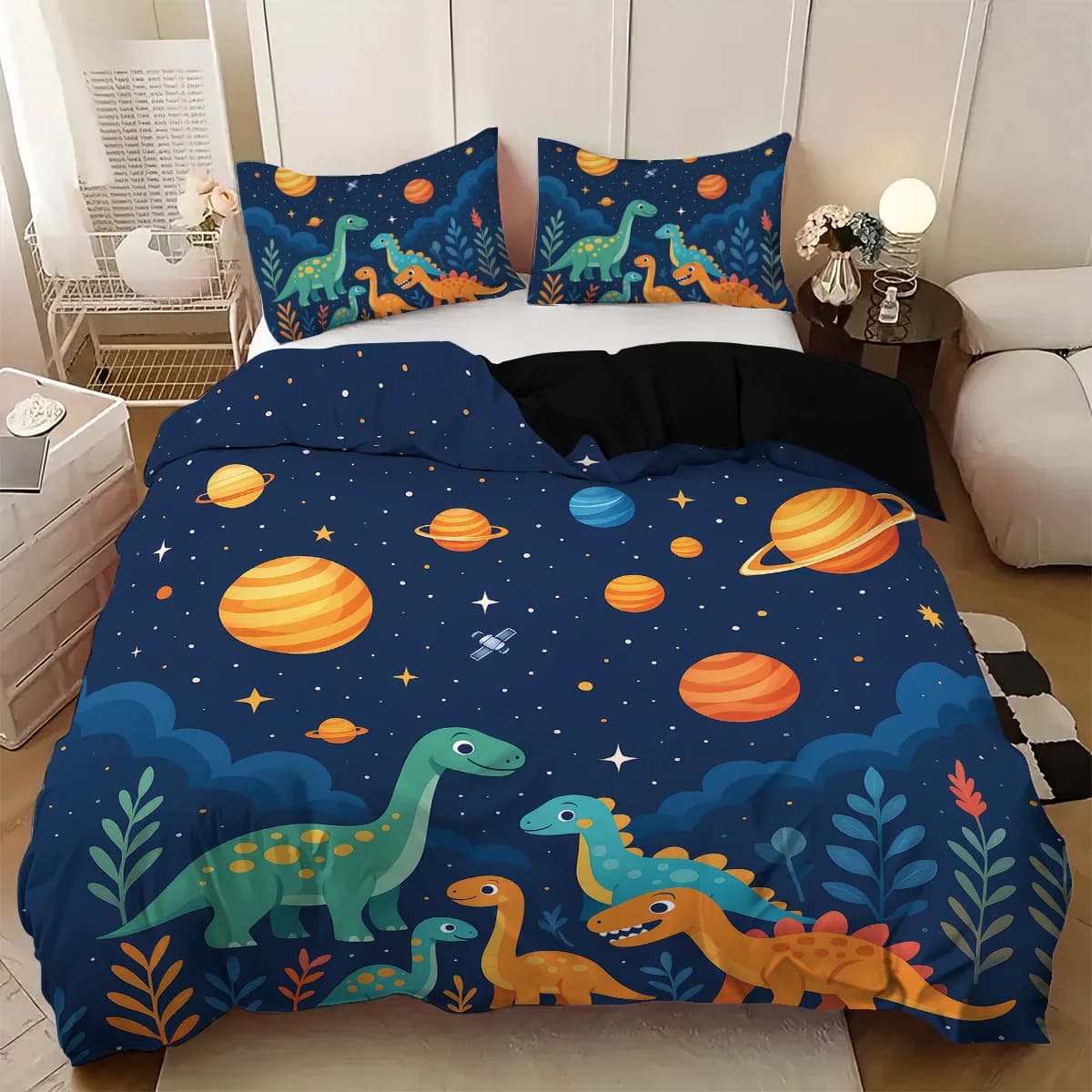 Bed linen set printed with 3 pieces animated dinosaur pattern, 1 * duvet + 2 * pillowcase, suitable for king size bed, single bed for all seasons