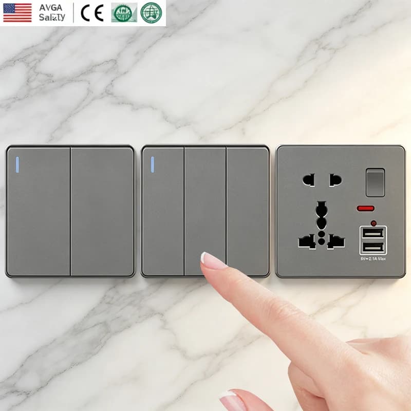 Presa Universale Grigia USB Type-C 18W per Ricarica Rapida Intelligente, Doppia Presa a 5 Pin, Interruttore a Muro Internazionale UK