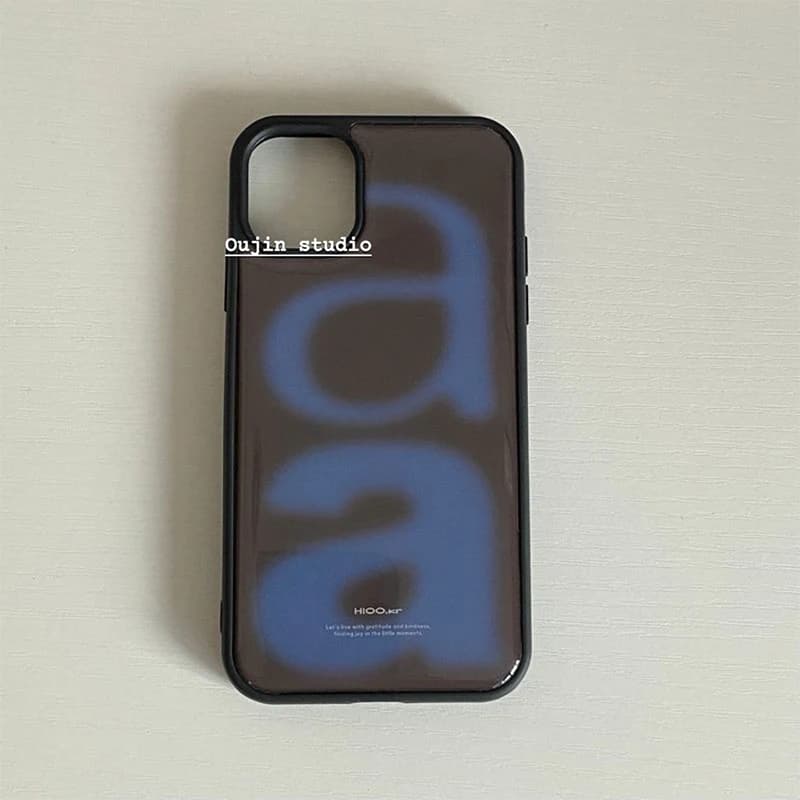 Cover posteriore per iPhone 17 Air 16 Pro Max 15 14 Plus 13 12 11 con lettera coreana avanzata blu e bordo nero, con colla a goccia