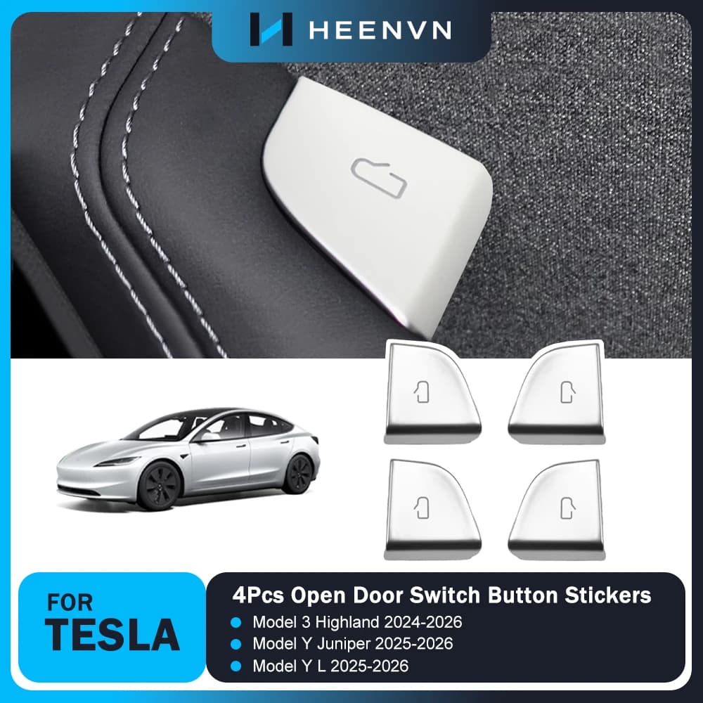 Heenvn 4Pcs Door Button Decoration Sticker For Tesla Model 3 Highland Model Y Juniper Model YL 2026 ABS Door Switch Patch Decals