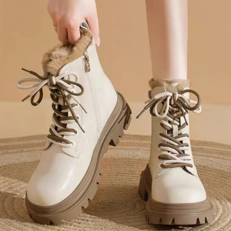 Lace-up Round Toe Platform Ankle Boots Plush Women's Snow Boots Comfortable Elegant Trend 2026 Designer Fur Shot Boots for Women