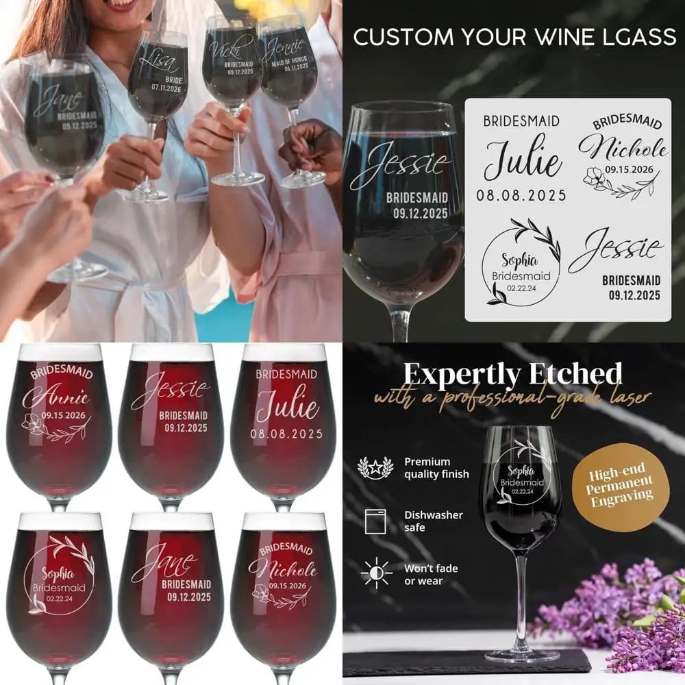 Calici da Vino Incisi per Damigelle - Set Personalizzato di Bicchieri per Brindisi Nuziali