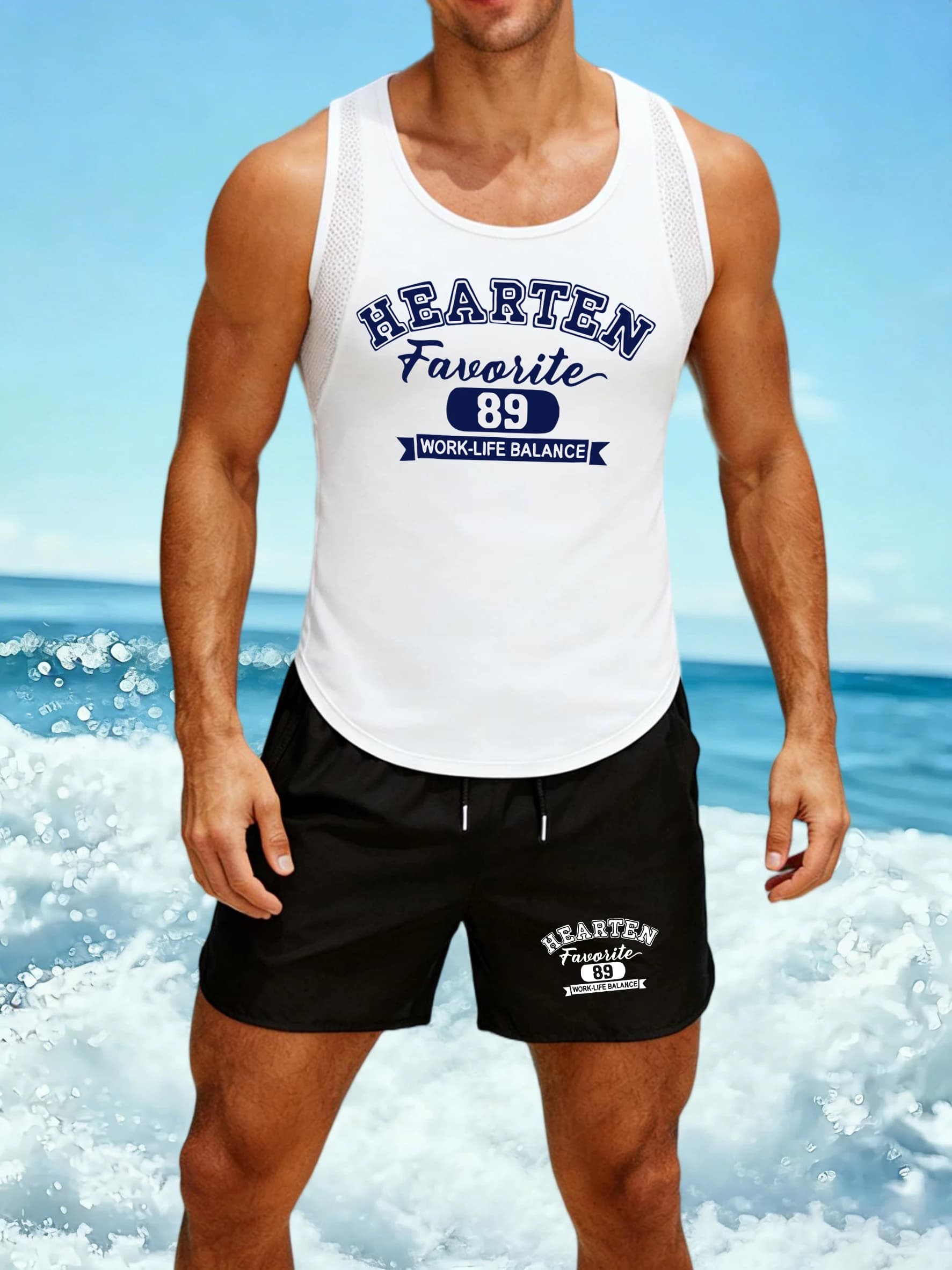 Hearten Work Life Balance Print Men Reticular Vest Set Summer Soft Shorts Fashion Basics Vests Unisex Breathable Vacation Suit