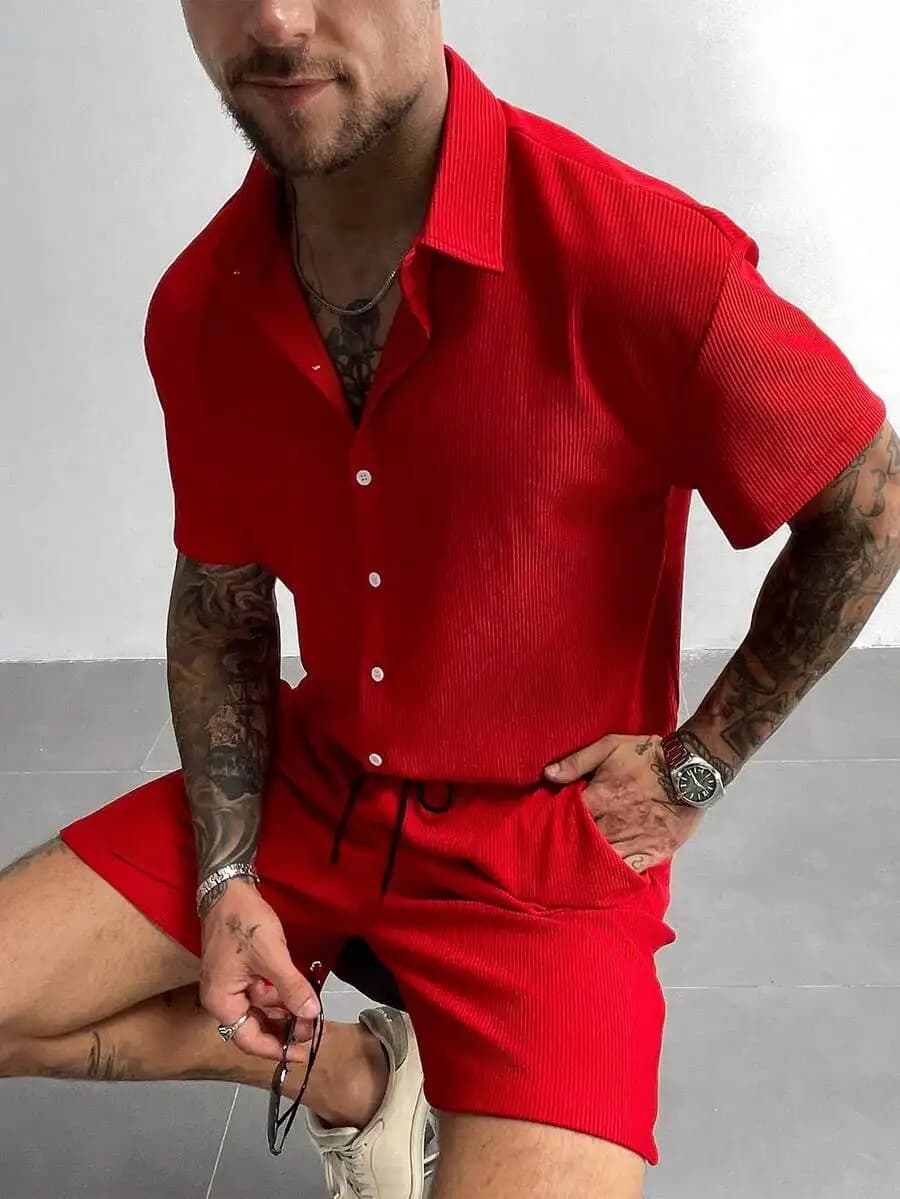 GloMan Men Red Textured Casual 2 Pieces Outfits,Placket,Loose Fit Short Sleeve Shirt,Drawstring Shorts