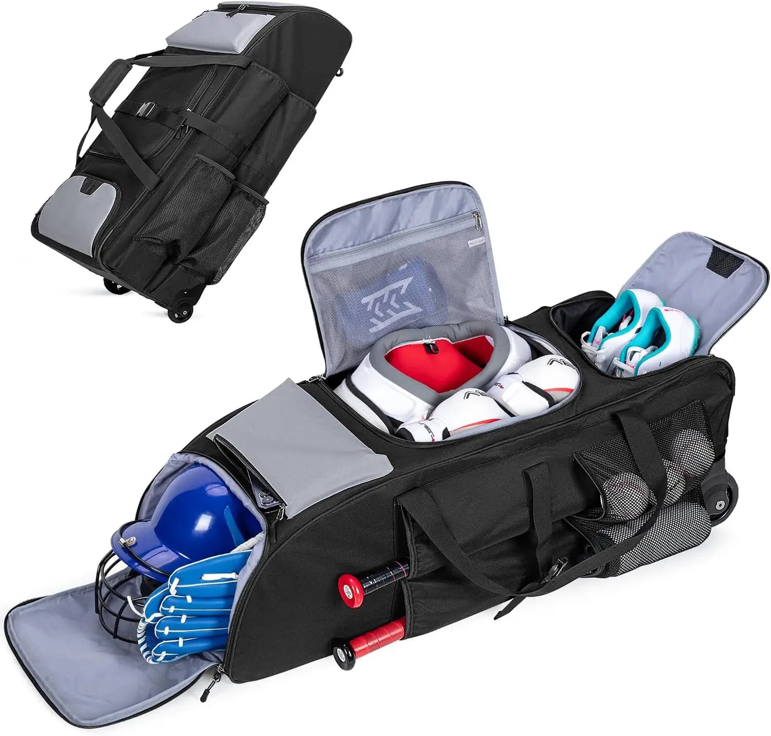 Rolling Baseball Bag Large Softball Catchers Gear Bag With Wheels Softball Equipment Bag Holds Four Bats Shoe Compartment Glove Pocket Baseball Catchers Bag With Hook