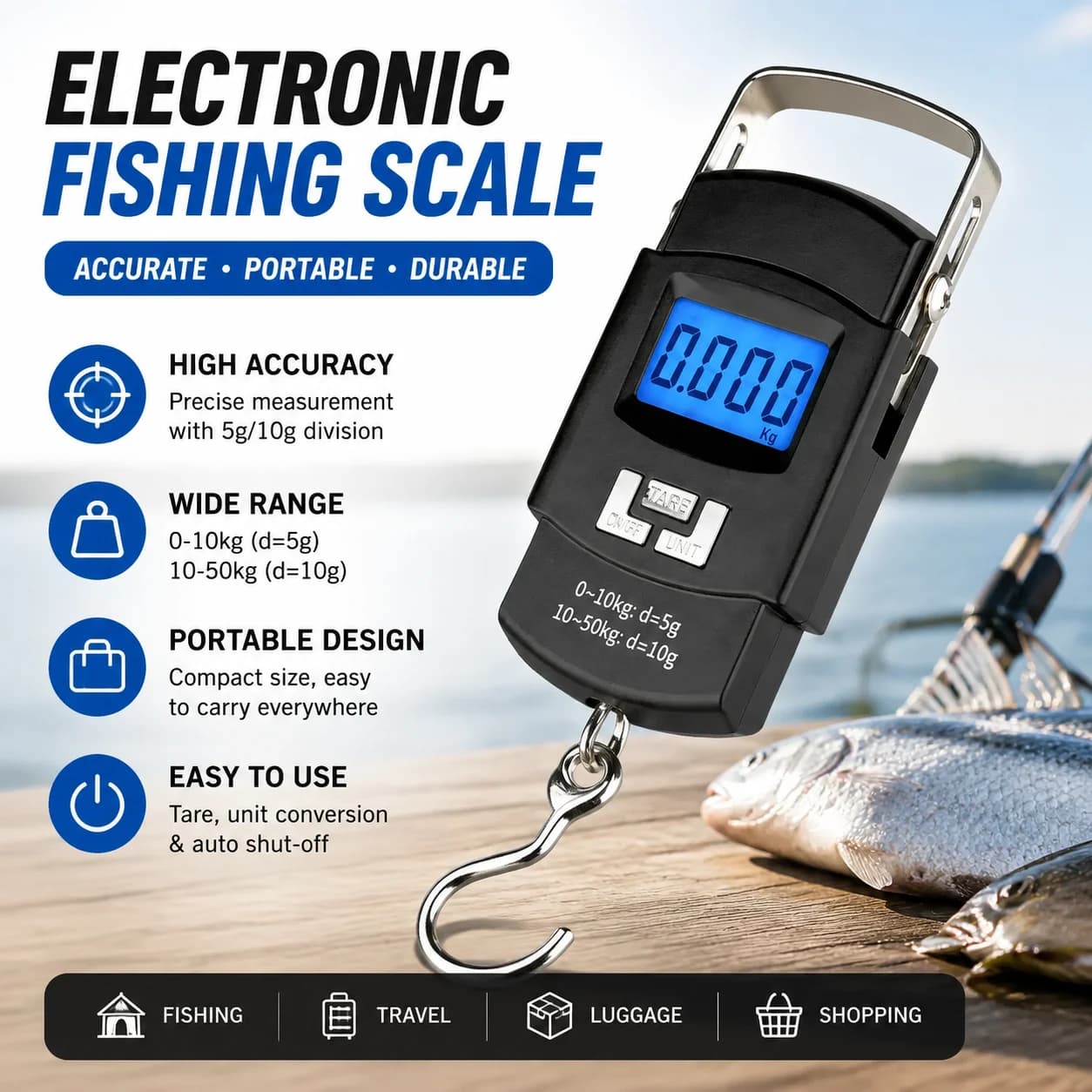 Portable Digital Hanging Luggage Scale, High Precision Handheld Spring Hook Weight Scale 10g-50kg for Travel Weighing