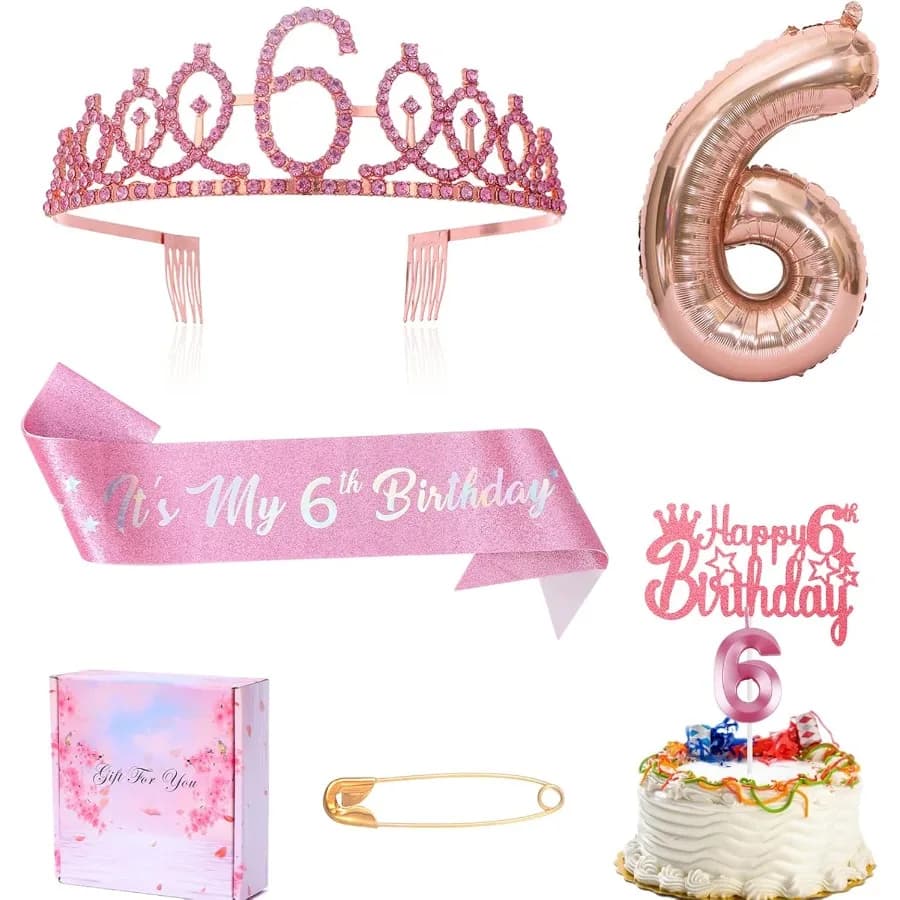 Fascia per candele per il 6° compleanno e tiaraIl mio 6° compleanno Fascia con strass Corona per torta di buon compleanno Topper Foil 6 Palloncini per ragazza