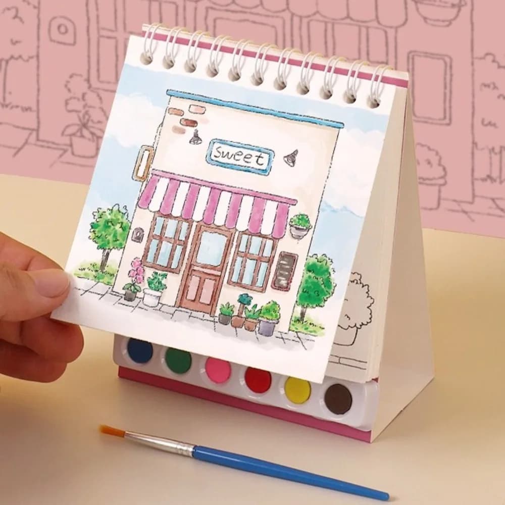 Mini House Coloring Book 20 Pages 6 Colors Watercolor Painting Set DIY with Pigment Paintbrush Painting Sketch Book Toddler