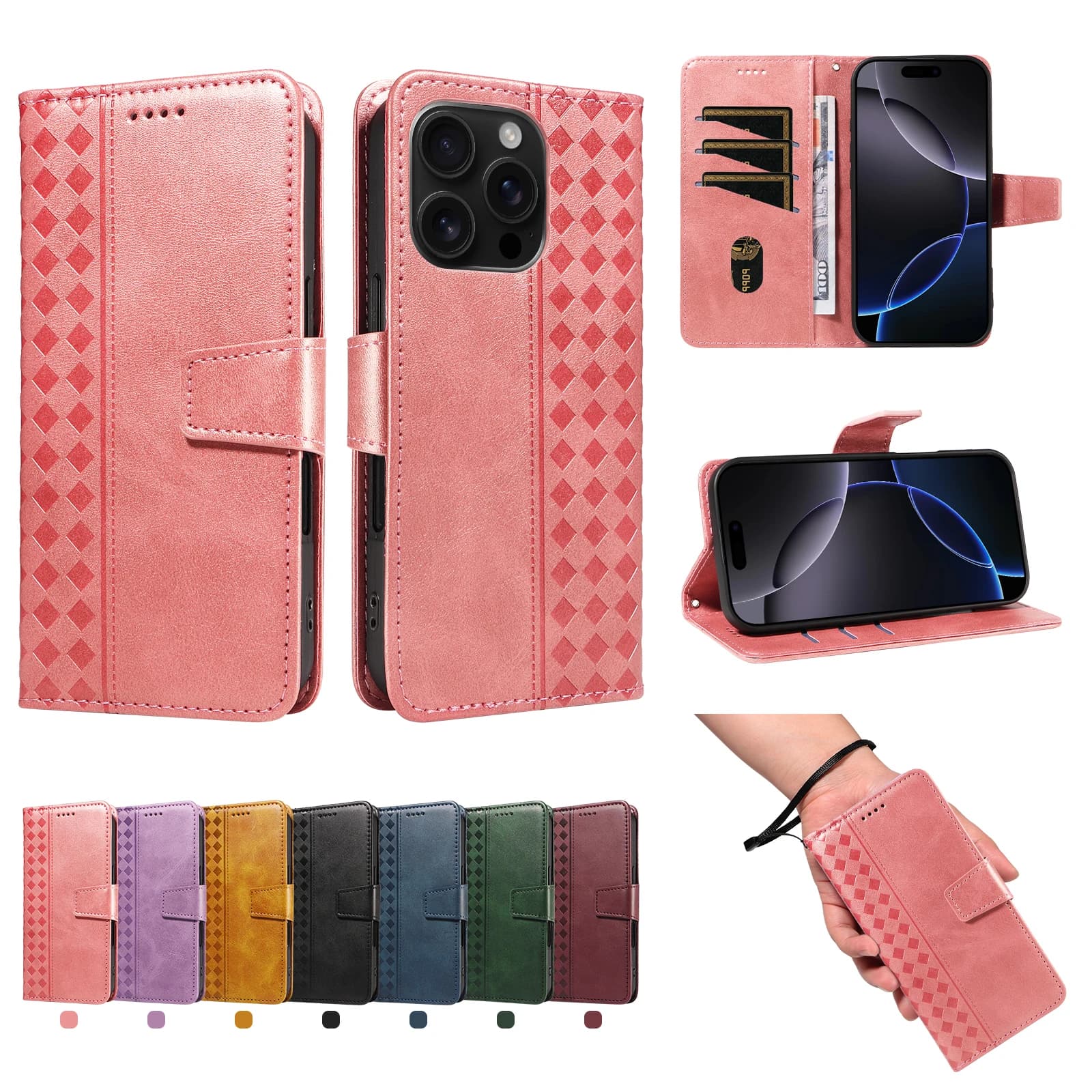 Leather wallet case with anti-fall RFID wristband and 3 card slots for Samsung Galaxy Wide 7 6 5 A Quantum 4 Buddy 3 Jean 2 Jump