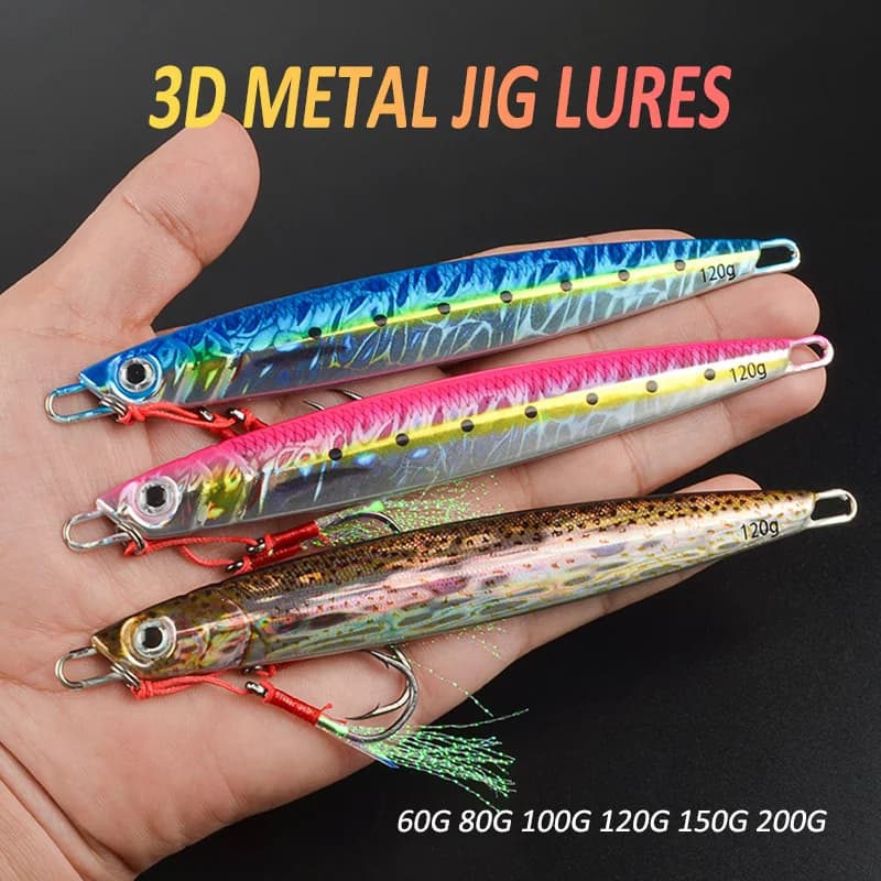 60g 80g 100g 120g 150g 200g 3D Metal Jig Richiamo di pesca Mare Biomimetico Pesce Piastra di ferro Esca Wobbler Pesca artificiale in barca all'oceano